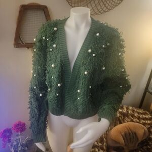 Might Fine Green Pearl-Embellished Women's Sweater NWT